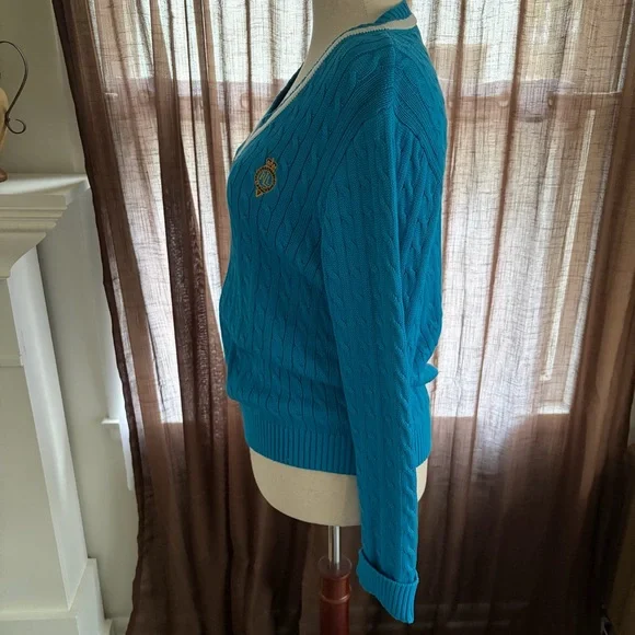 Ralph Lauren Active Cotton V-neck Preppy Cable Knit Sweater - Picture 10 of 12